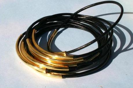 Leather Bangles Bracelets Black Gold Or Silver Metal Tubes - sunnybeachjewelry