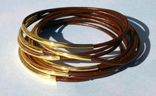Load image into Gallery viewer, Leather Bangles Bracelets Brown Gold Or Silver Metal Tubes - sunnybeachjewelry
