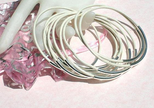 Leather Bangles Bracelets White Gold Or Silver Metal Tubes - sunnybeachjewelry