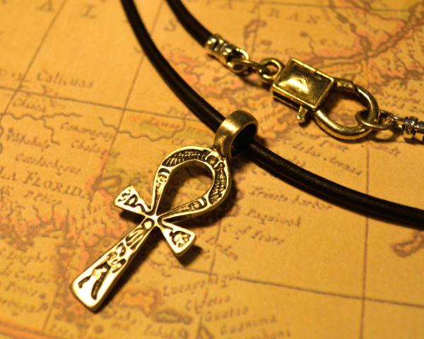 Leather Necklace, Ankh Cross with Ancient Symbols, Mens Necklace, Mens Jewelry, Mens Gift, Pendant, Distresed Cord - sunnybeachjewelry