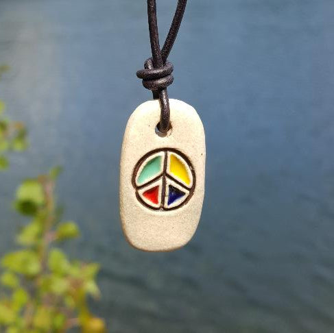 Leather Necklace With Ceramic Peace Sign - sunnybeachjewelry