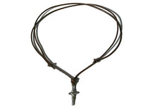 Load image into Gallery viewer, Leather Necklace With Fancy Woven Pewter Cross - sunnybeachjewelry
