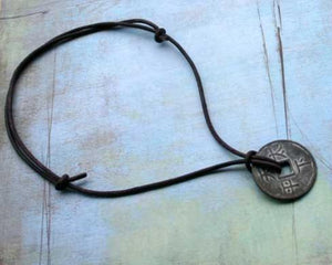 Leather Necklace With Large Chinese Coin Pendant - sunnybeachjewelry