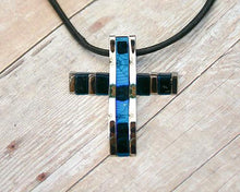 Load image into Gallery viewer, Leather Necklace With Modern Blue Titanium Stainless Steel Cross - sunnybeachjewelry
