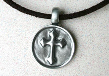 Load image into Gallery viewer, Leather Necklace With Round Pewter Cross - sunnybeachjewelry
