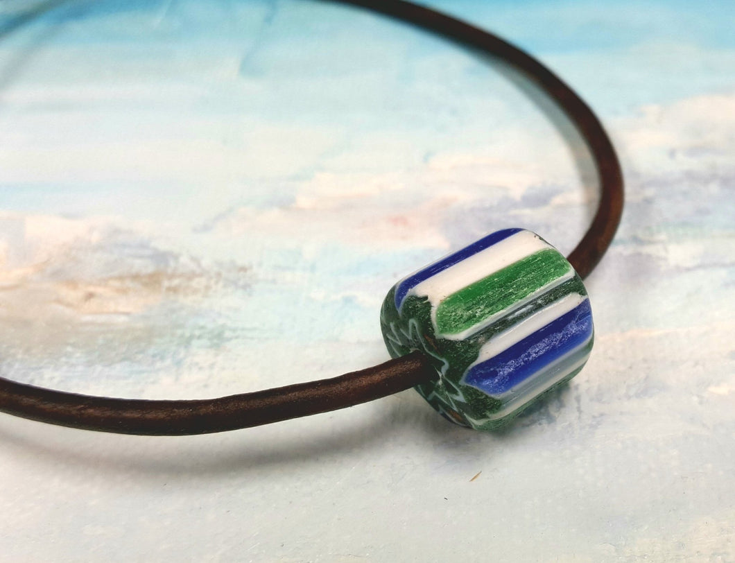 Leather Surfer Necklace Handmade Chevron Glass Beads - sunnybeachjewelry