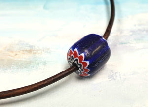 Leather Surfer Necklace Handmade Chevron Glass Beads - sunnybeachjewelry
