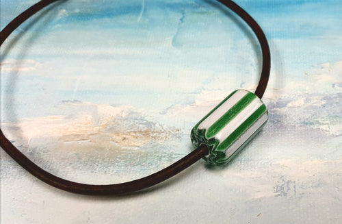 Leather Surfer Necklace Handmade Chevron Glass Beads - sunnybeachjewelry