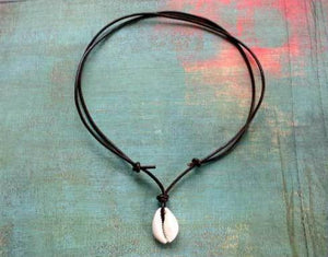 Leather Surfer Necklace Handmade Cowrie Shell 2mm Leather - sunnybeachjewelry