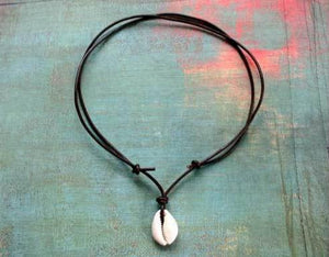 Leather Surfer Necklace Handmade Cowrie Shell 3mm Leather - sunnybeachjewelry