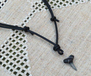 Leather Surfer Necklace Handmade Dark Shark Tooth - sunnybeachjewelry