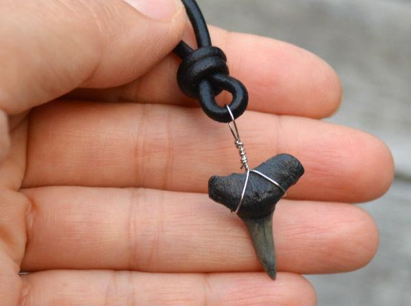Leather Surfer Necklace Handmade Dark Shark Tooth - sunnybeachjewelry