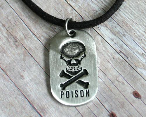 Leather Surfer Necklace With Dog Tag Skull Poison - sunnybeachjewelry