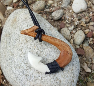 Leather Surfer Necklace With Maori Bone And Wood Fish Hook - sunnybeachjewelry