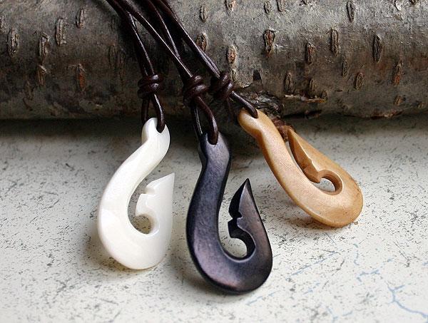bome fish hook necjalcw Earthbound Pacific Aged Bone Maori Necklace with Premium Binding Black Braided Cord Mens Jewelry Pendant Width Fish Hook Necklace - Maui