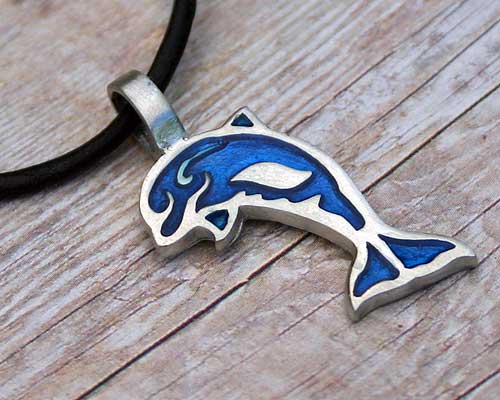 Leather Surfer Necklace With Pewter Blue Dolphin - sunnybeachjewelry
