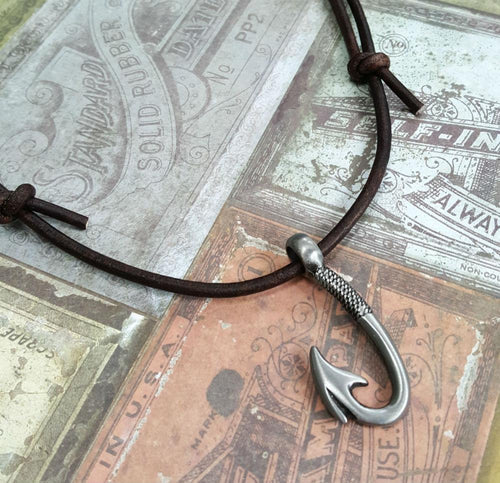 Leather Surfer Necklace With Pewter Fish Hook - sunnybeachjewelry