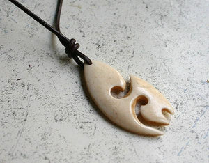 Leather Surfer Necklace With Toothed Maori Fish Hook - sunnybeachjewelry