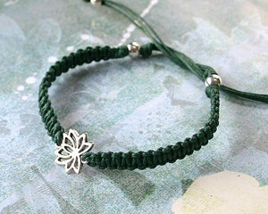 Lotus Yoga Friendship Bracelet Silver Flower Charm On Cotton Cord - sunnybeachjewelry