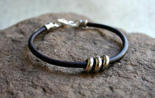 Load image into Gallery viewer, Mens Bracelet Black Leather Silver Beads - sunnybeachjewelry
