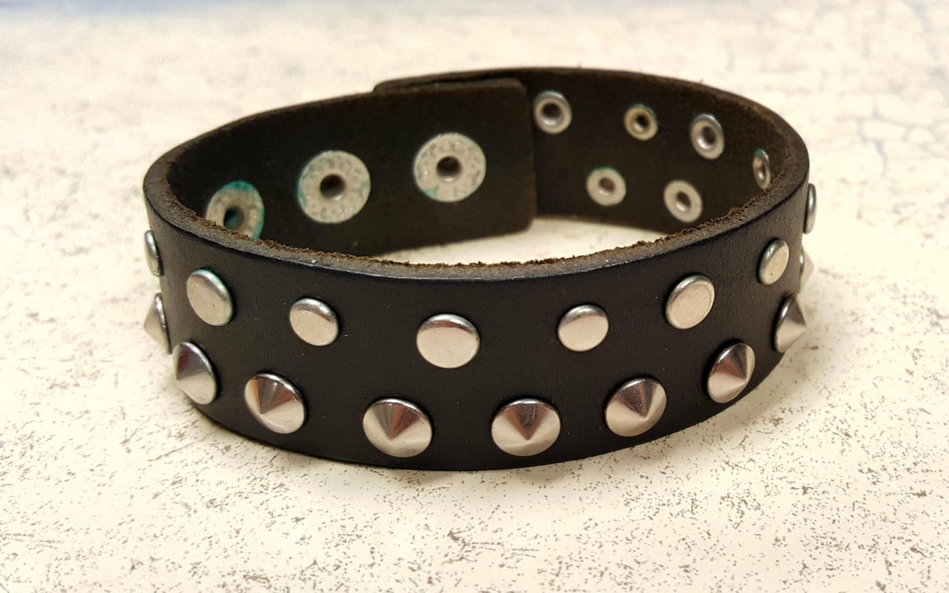 Mens Bracelet Leather Black Steel Studs - sunnybeachjewelry