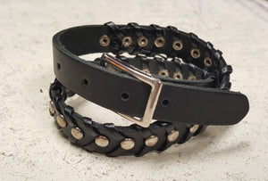 Mens Bracelet Leather Double Black Steel Studs - sunnybeachjewelry