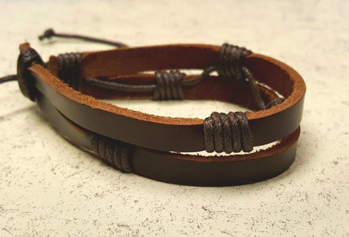 Mens Bracelet Leather Double Brown - sunnybeachjewelry