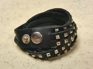 Mens Bracelet Leather Triple Black Studs - sunnybeachjewelry