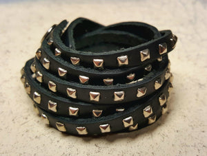 Mens Bracelet Leather Triple Black Studs - sunnybeachjewelry