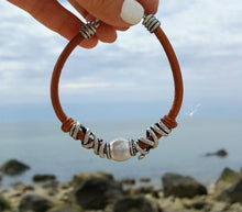 Load image into Gallery viewer, Mens Bracelet Tan Leather Steel Pewter - sunnybeachjewelry
