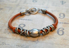 Load image into Gallery viewer, Mens Bracelet Tan Leather Steel Pewter - sunnybeachjewelry
