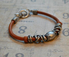 Load image into Gallery viewer, Mens Bracelet Tan Leather Steel Pewter - sunnybeachjewelry
