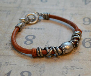 Mens Bracelet Tan Leather Steel Pewter - sunnybeachjewelry