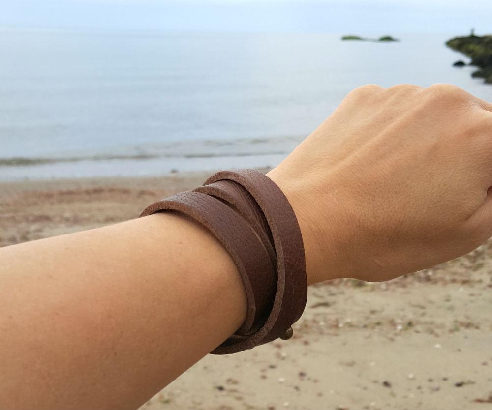 Mens Wrap Bracelet Brown Leather Triple Wraps Slit Closure - sunnybeachjewelry
