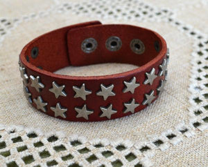 Natural Leather Bracelet Cuff Steel Stars - sunnybeachjewelry