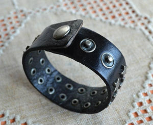 Natural Leather Bracelet Cuff Steel Stars - sunnybeachjewelry