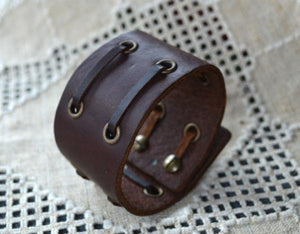 Natural Leather Bracelet Vintage Weathered Double Laced Brown - sunnybeachjewelry