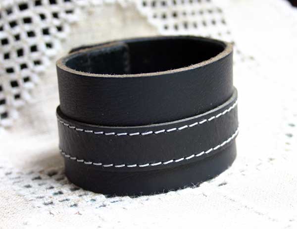 Natural Leather Bracelet Vintage Wide Stitched Black - sunnybeachjewelry