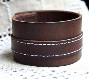 Natural Leather Bracelet Vintage Wide Stitched Brown - sunnybeachjewelry
