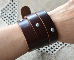 Natural Leather Bracelet Wide Brown - sunnybeachjewelry