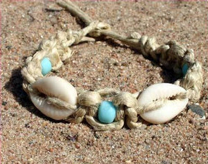 Surfer Hemp Bracelet Phatty Flat Cowrie Glass Beads - sunnybeachjewelry