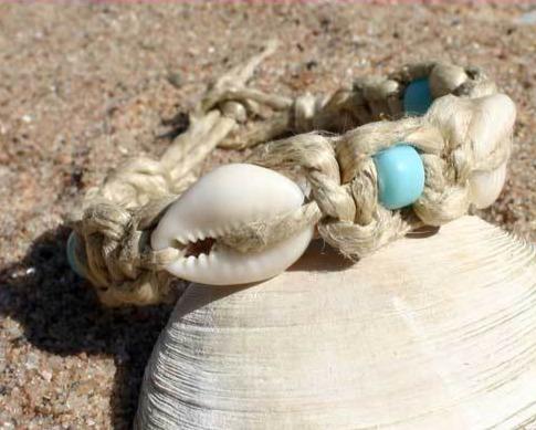 Surfer Hemp Bracelet Phatty Flat Cowrie Glass Beads - sunnybeachjewelry