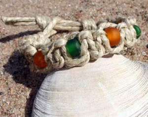 Surfer Hemp Bracelet Phatty Flat Glass Beads - sunnybeachjewelry