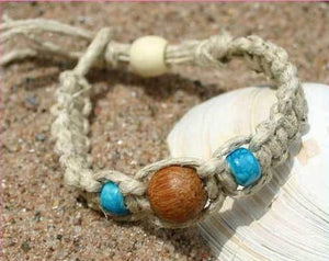 Surfer Hemp Bracelet Phatty Flat Palm Bead Aqua - sunnybeachjewelry