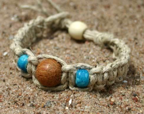 Surfer Hemp Bracelet Phatty Flat Palm Bead Aqua - sunnybeachjewelry