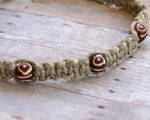 Natural Hemp Choker Thick Flat Weave Design Carved Brown Bone Beads 18 Inches