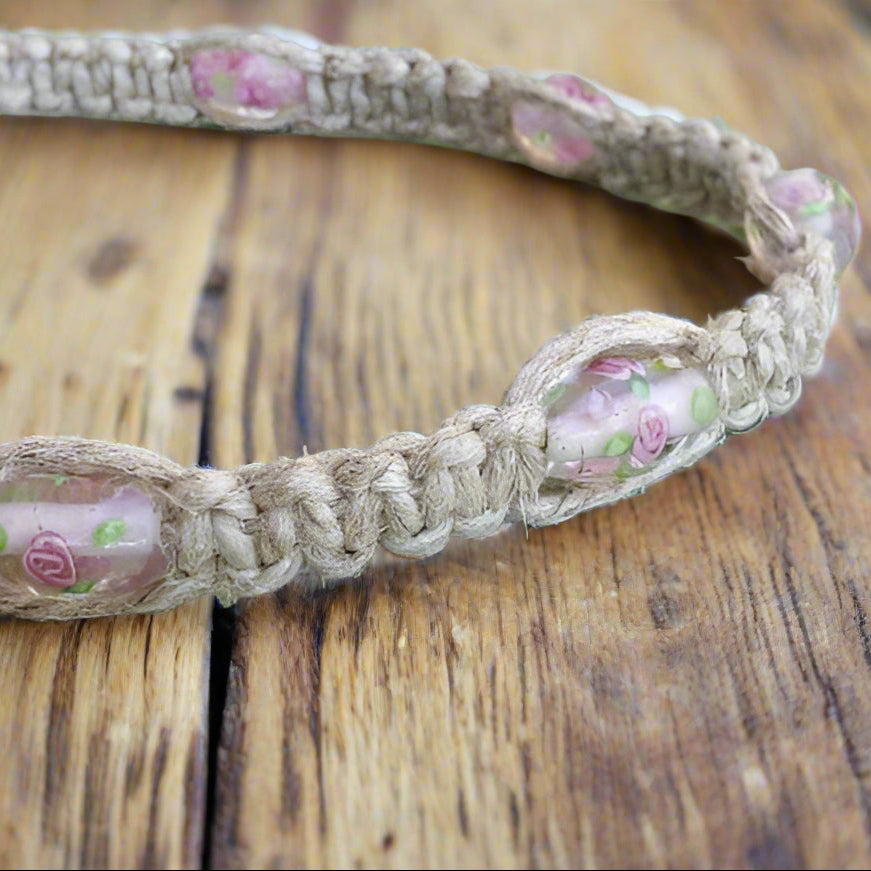 Surfer Phatty Thick Hemp Necklace Glass Pink Flower Beads - sunnybeachjewelry