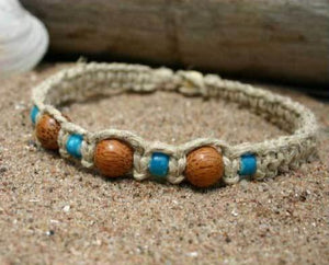 Surfer Phatty Thick Hemp Necklace Palm Turquoise Beads - sunnybeachjewelry